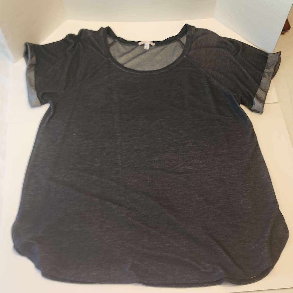 FREE 2 LUV Denim colored Scoop Necked T Shirt , Poly,Ray, Spandex, Curved Hem